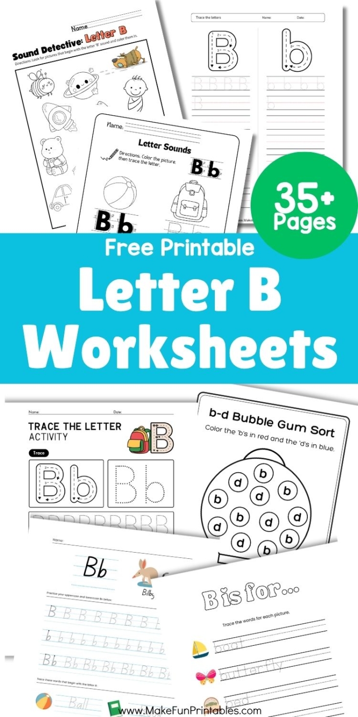 Colorful alphabet worksheet showing letter B recognition activities for preschool learners