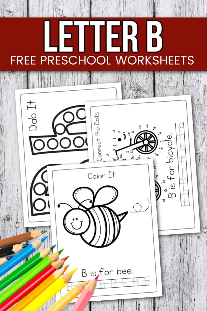 Colorful alphabet worksheet featuring the letter B with pictures and activities for preschool learners to practice letter recognition
