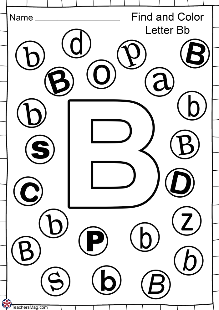 Letter B alphabet worksheet for preschoolers with subtraction activities and coloring exercises