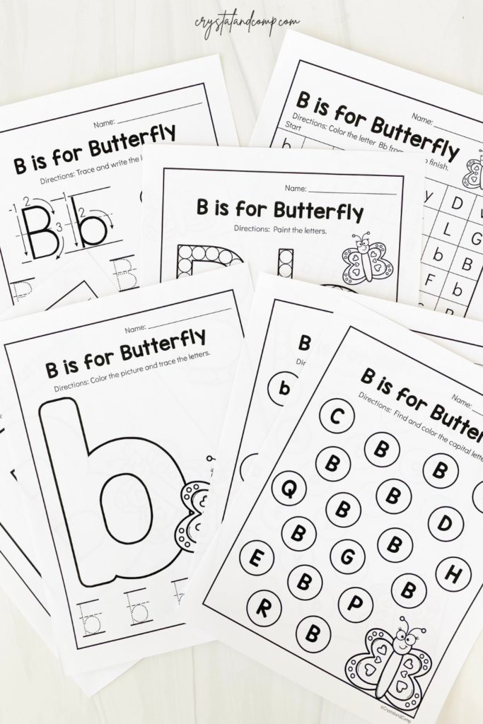 Letter B alphabet worksheet for preschoolers with subtraction activities and coloring practice