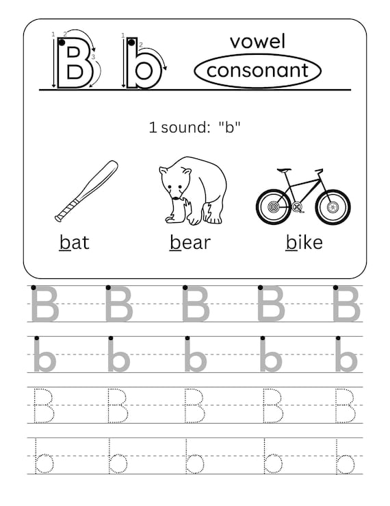 Colorful alphabet worksheet for Pre-K students focusing on recognizing and tracing the letter B