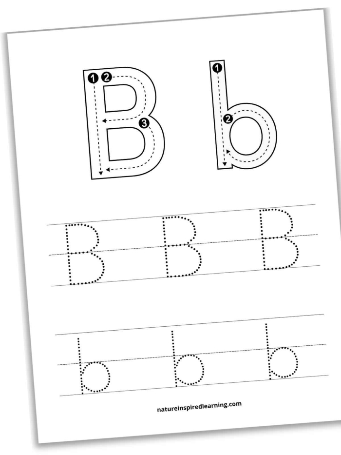 Pre-K student tracing dotted lines and the letter B on a printable handwriting practice sheet 15