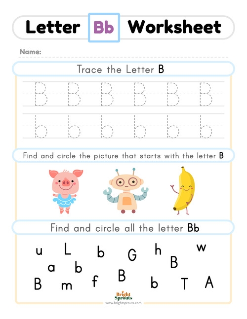 Colorful alphabet worksheet for pre-K students focusing on tracing and identifying the letter B 17