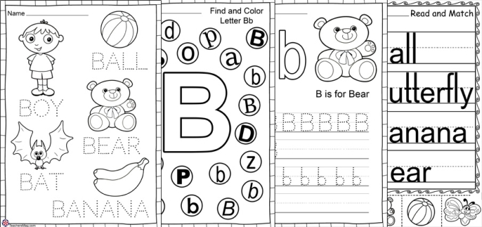 A colorful Pre-K worksheet featuring the letter B with pictures and activities to help children learn the alphabet