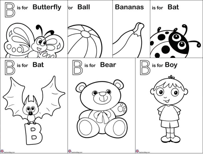 Colorful letter B alphabet learning worksheet for preschool students with pictures and tracing activities
