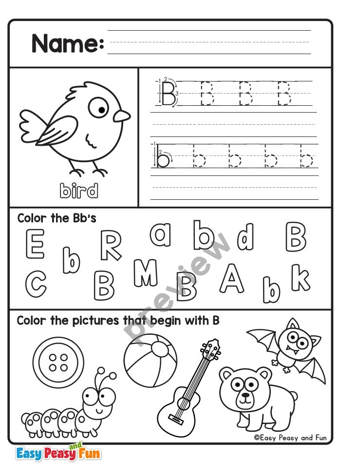 Colorful letter B alphabet worksheet for preschool with pictures and tracing activities to help children learn phonics and early reading skills