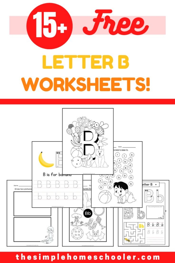 Pre-K alphabet worksheet focusing on identifying and writing the letter B with colorful illustrations