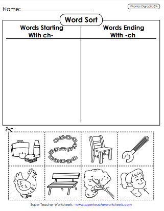 Worksheet featuring a hands-on activity to find words starting with the ch sound for early learners