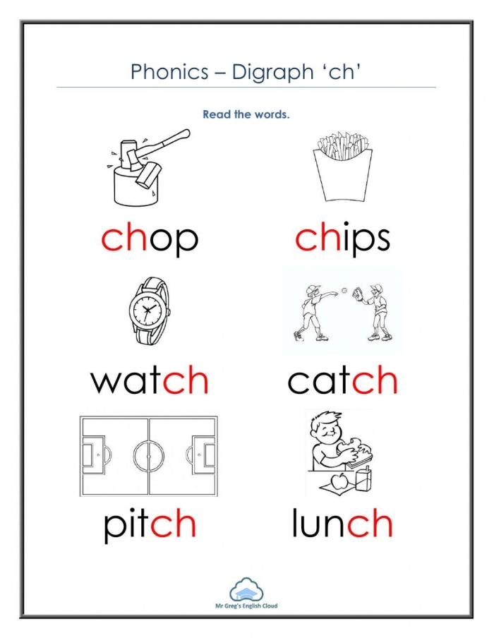 Worksheet featuring words starting with the ch sound for preschool and early learners