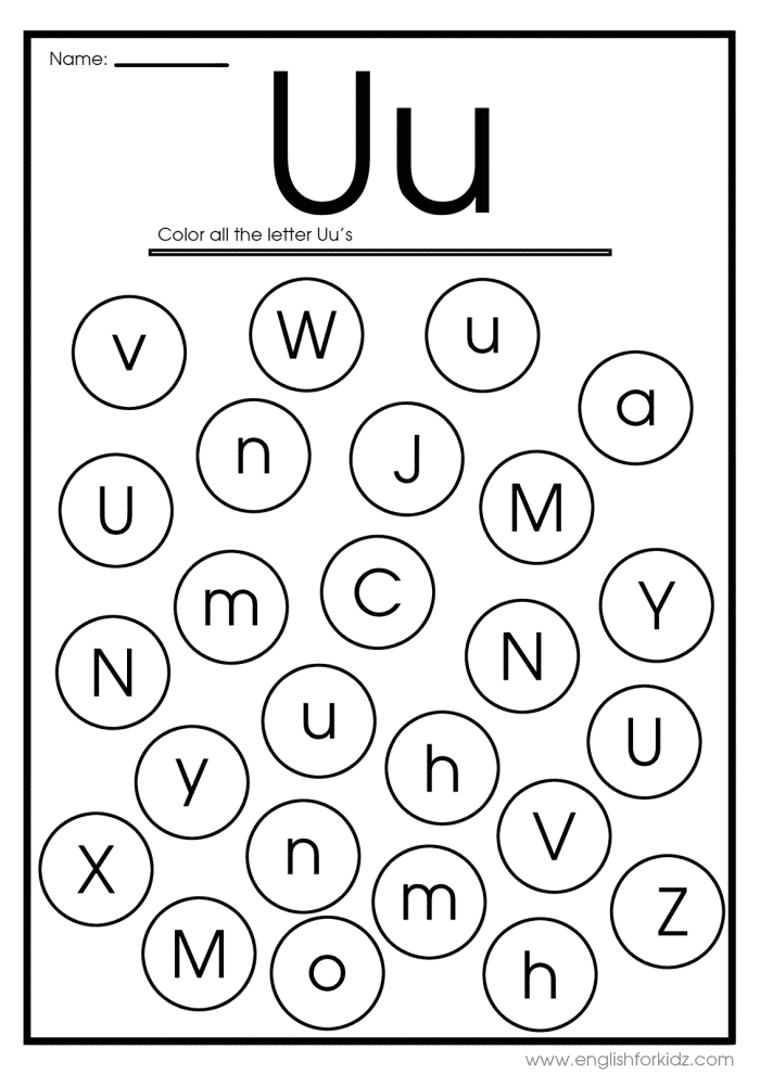 Preschooler completing a Letter Book U worksheet with various U-themed vocabulary words