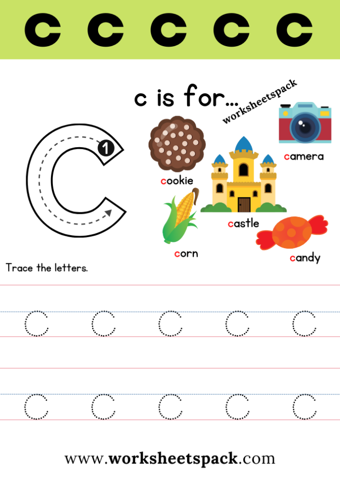 Pre-K alphabet worksheet focusing on the letter C with colorful illustrations for early reading practice