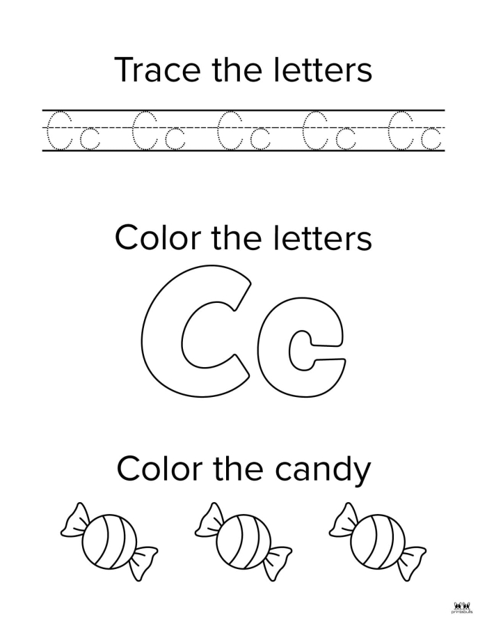 A preschool alphabet worksheet featuring a large letter C and colorful illustrations to practice reading skills.