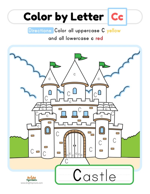 Preschool worksheet featuring the letter C with colorful illustrations for early reading practice