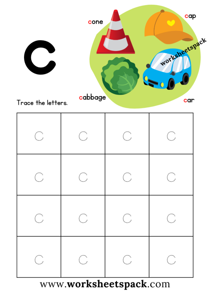 Preschooler working on a colorful alphabet worksheet featuring the letter C