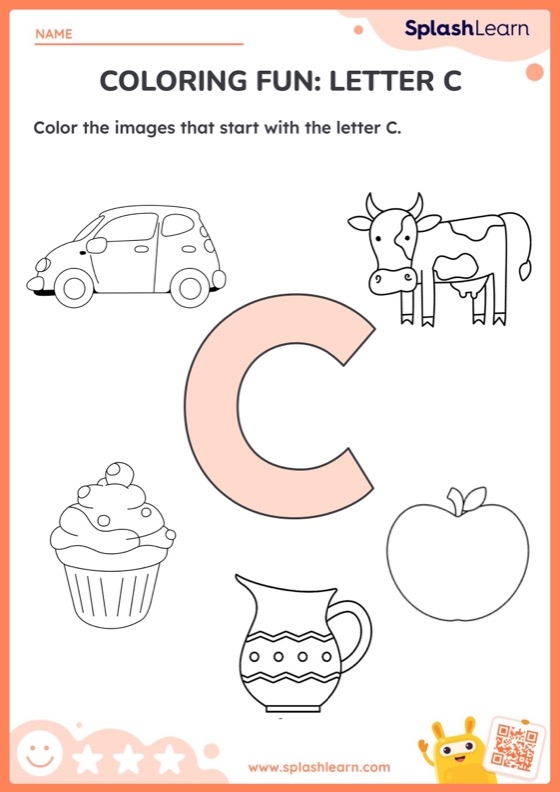 Preschooler filling out a colorful alphabet worksheet focused on tracing and identifying the letter C