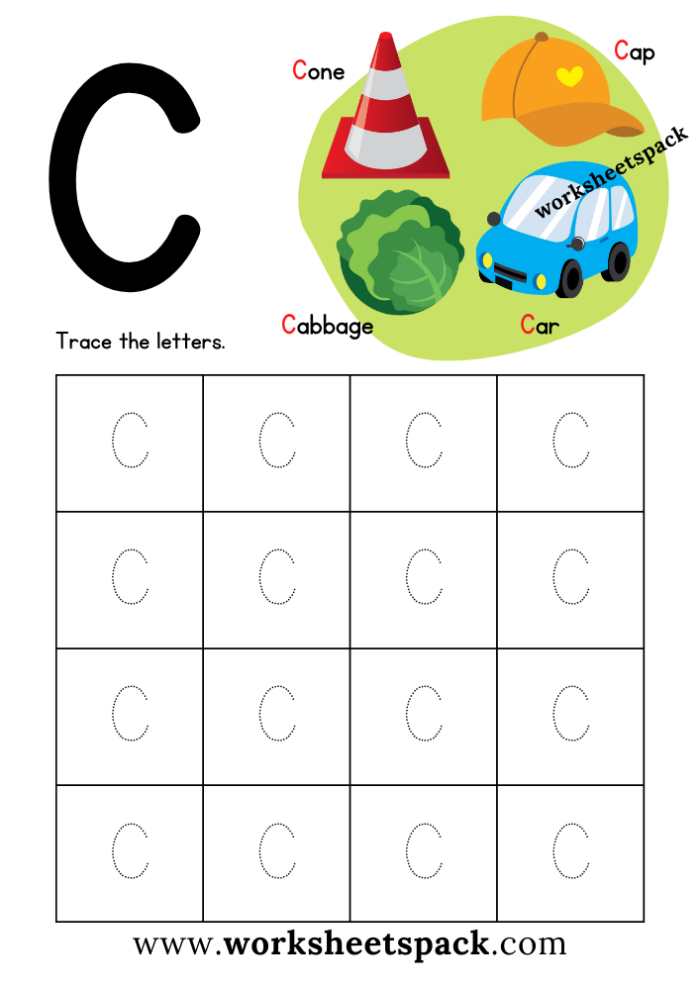 Worksheet featuring words that begin with the letter C for preschool and kindergarten students