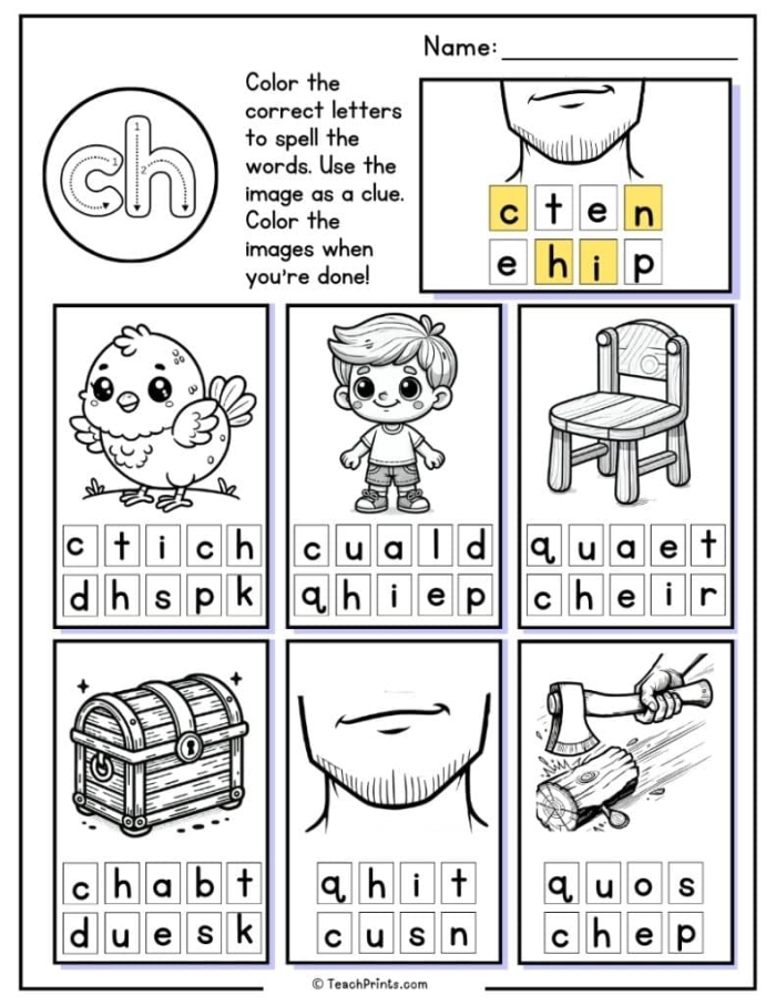 Preschooler working on a Letter Book worksheet featuring ch sound vocabulary words