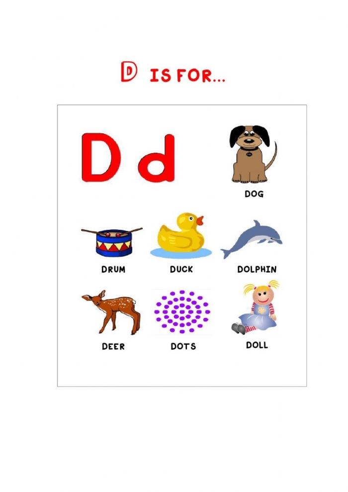 D Is For Worksheet Activity 17 Alphabet Practice for Pre-K Students Preschooler coloring worksheet featuring letter D words and pictures for alphabet learning
