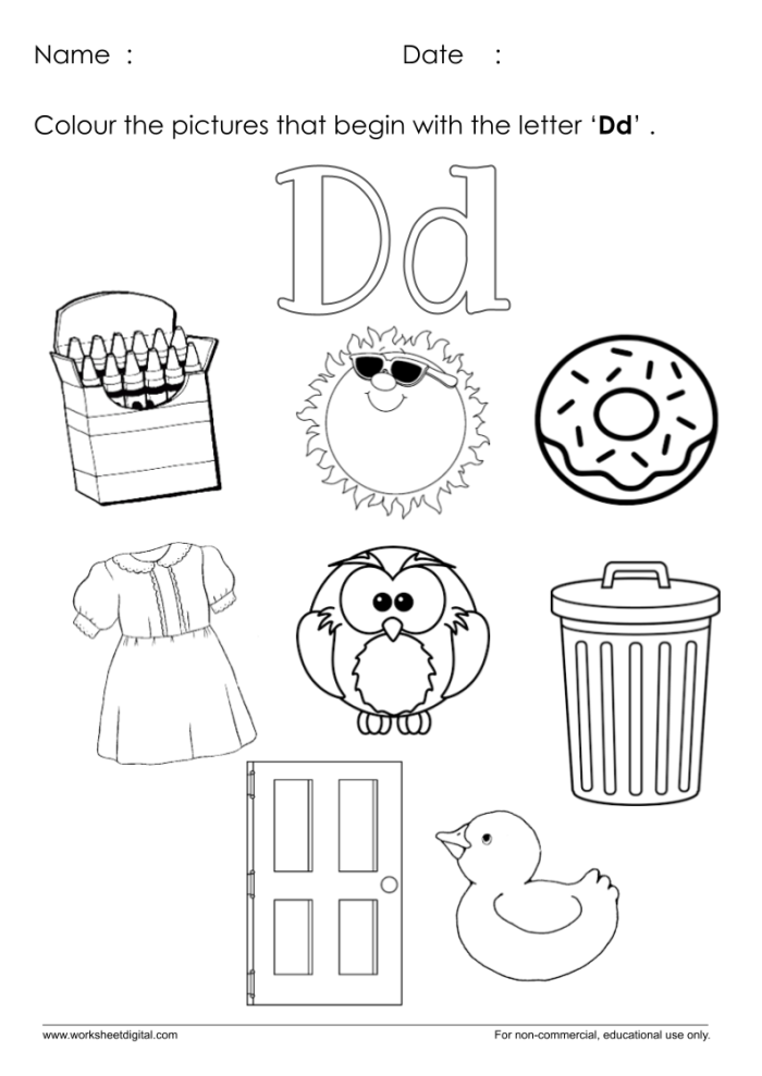 D Is For Worksheet Letter D Alphabet Practice Activity 4 Preschool worksheet featuring the letter D with fun objects to color for writing practice