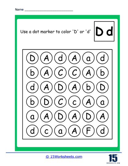 D Is For Letter D Alphabet Writing Practice Worksheet for Pre-K Students Preschooler coloring worksheet for the letter D with fun imagery to practice writing and phonics