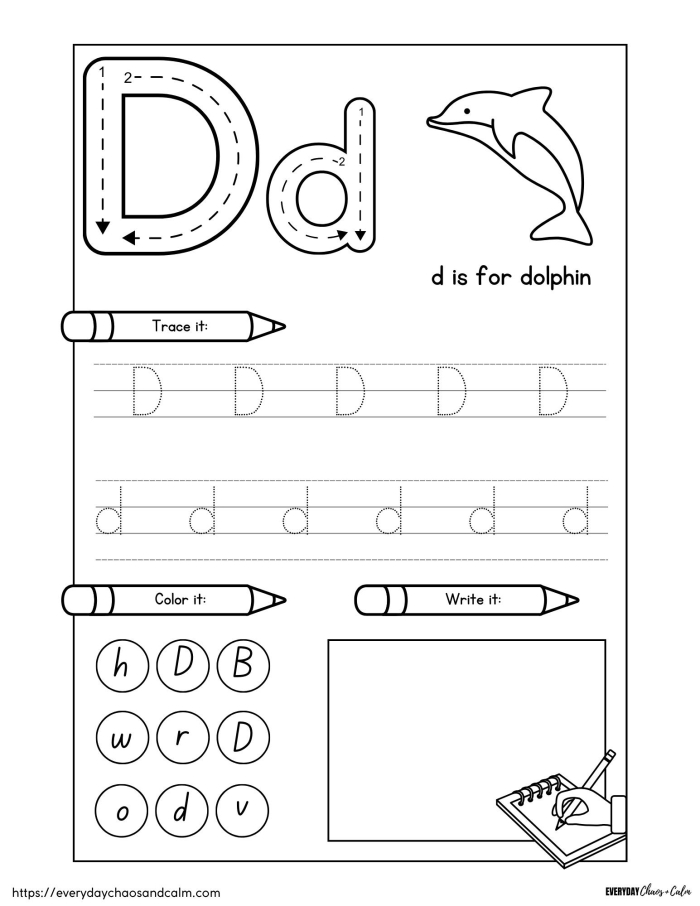 Kindergarten worksheet featuring a letter D detective puzzle for children to solve