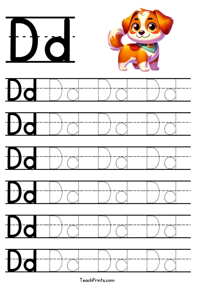 Pre-K student worksheet for practicing letter D tracing and fine motor skill development