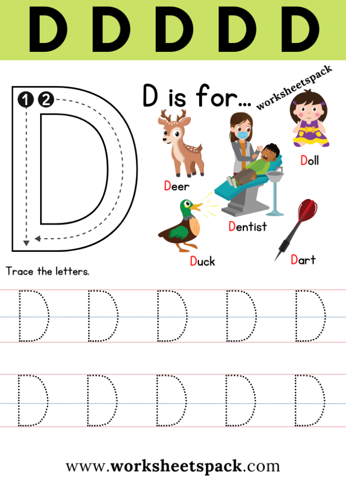 Pre-K student tracing lines and the letter D on a handwriting practice sheet