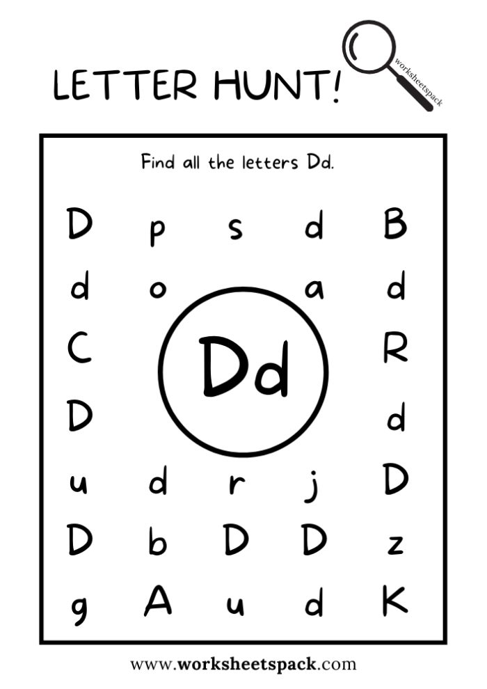 Worksheet featuring the Letter D Detective for kindergarten students to solve a fun puzzle