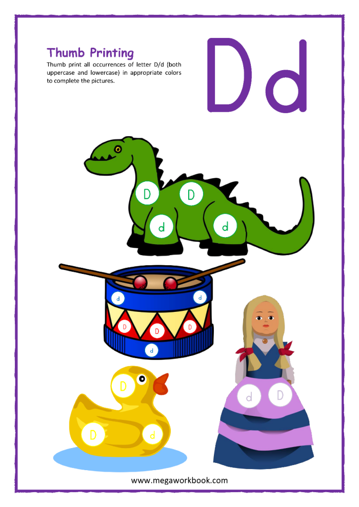 Worksheet featuring various items that begin with the letter D for phonics practice