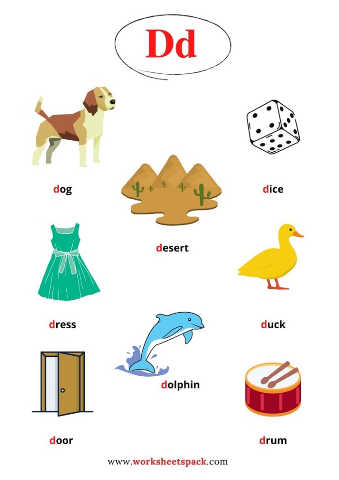Worksheet for identifying items that begin with the letter D for phonics practice. Activities designed to enhance Pre-K children's alphabet recognition skills.