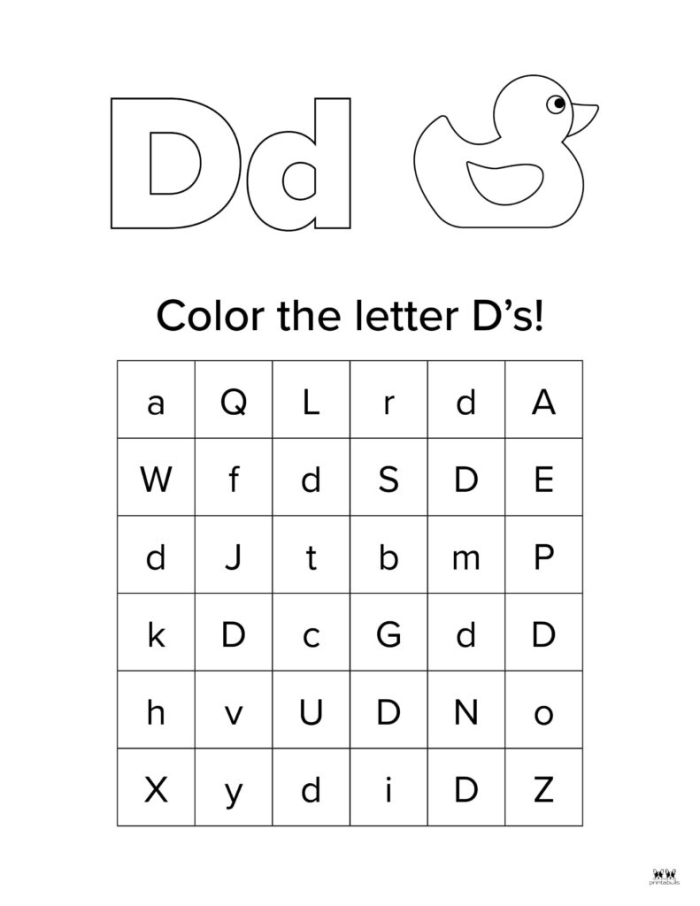 D Is For Letter D Alphabet Learning Worksheet for Pre-K 18 Preschool worksheet featuring the letter D with fun illustrations to color for alphabet practice