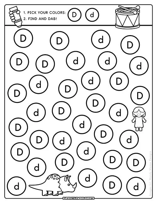 Kindergarten worksheet for finding letter D and dragonflies at a picnic