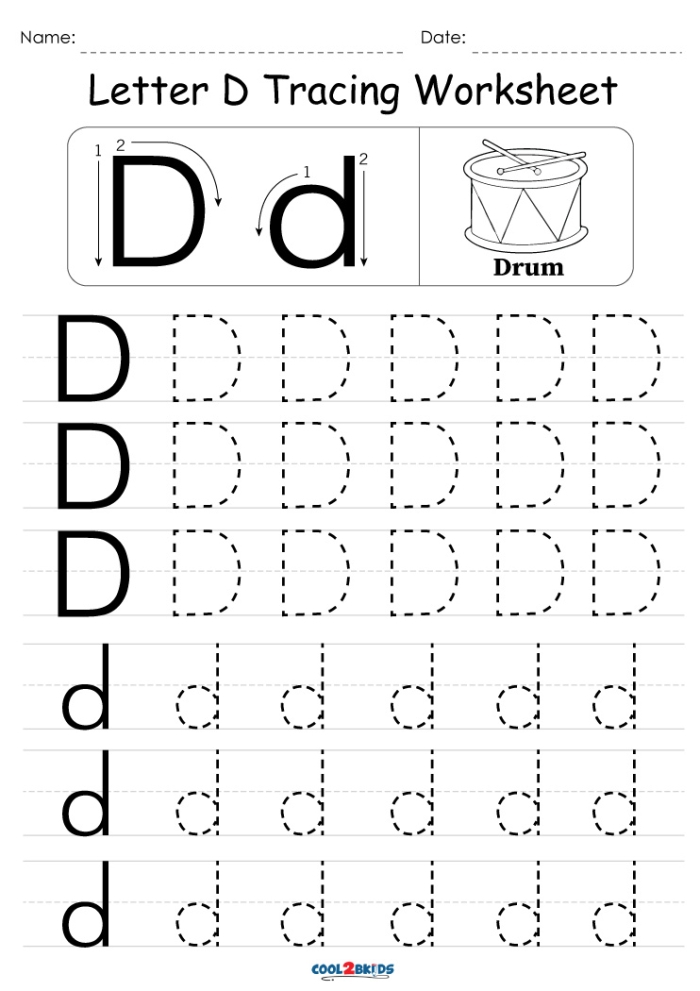 Prekindergarten worksheet showing lines and the letter D for tracing practice