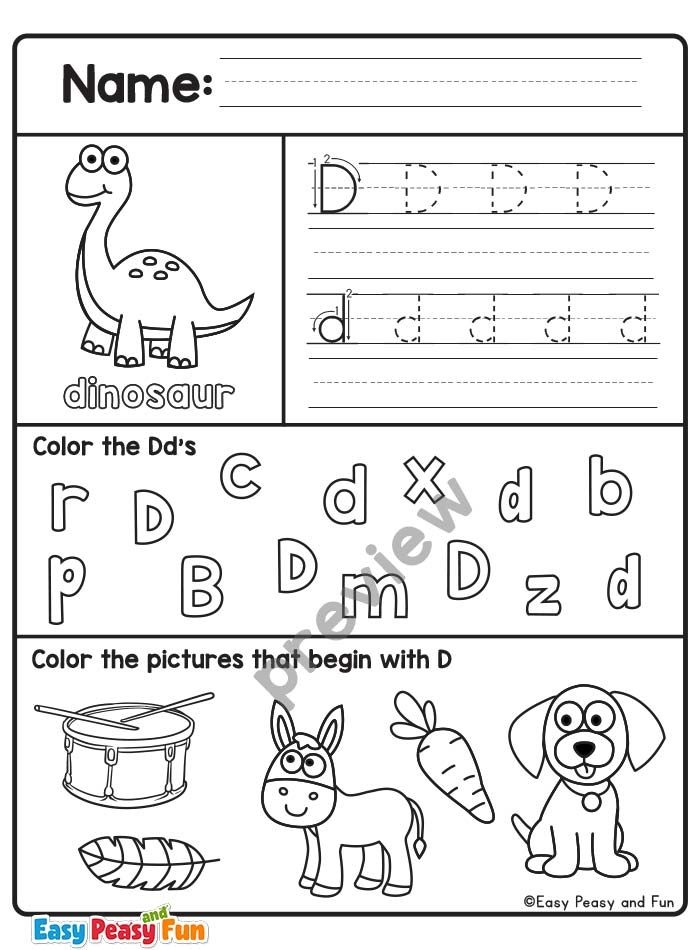 Grammar and Mechanics worksheet for Pre-K Colorful worksheet showcasing the Letter D with activities for young learners to identify words starting with D. Engaging hands-on exercise for preschool, kindergarten, and first-grade students.