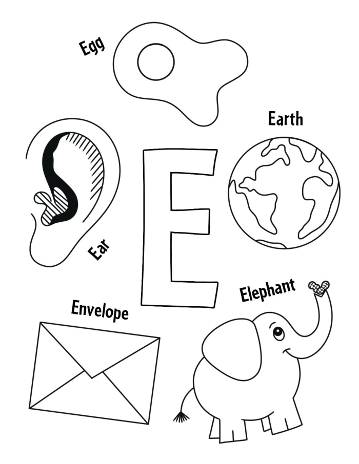 Preschool letter E coloring worksheet with pictures starting with E sound for alphabet learning