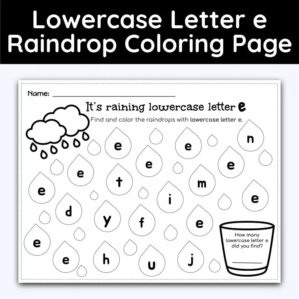 Preschool letter E coloring activity with words and pictures for alphabet learning