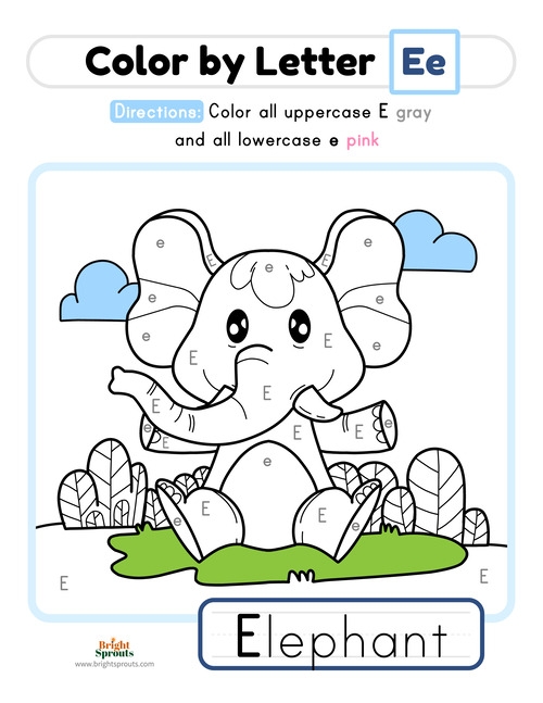 A preschooler coloring a worksheet with the letter E and pictures of objects that start with E sound