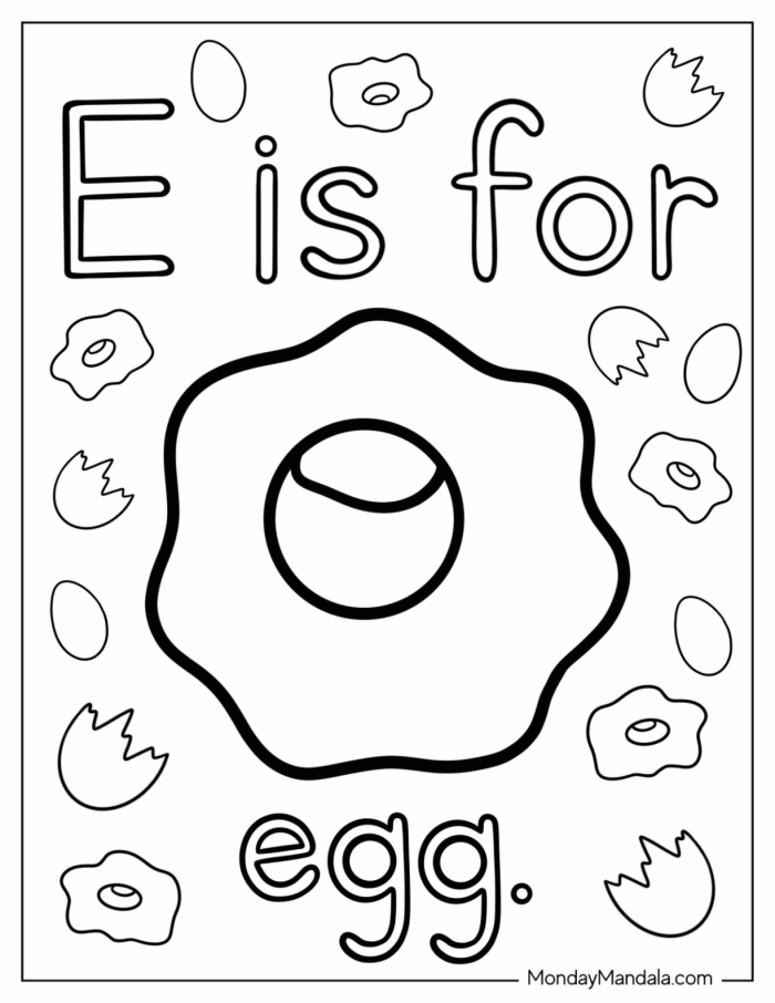 A preschool worksheet showing the letter E with pictures to color and practice phonics