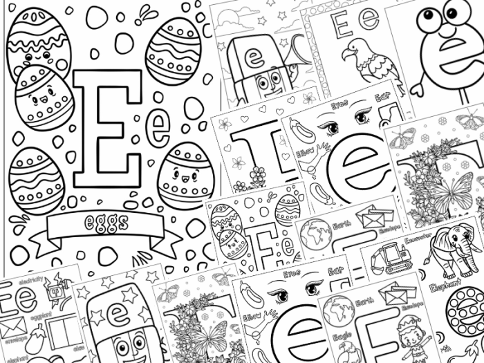 A preschool worksheet featuring the letter E with pictures to color and letter E sound practice activities