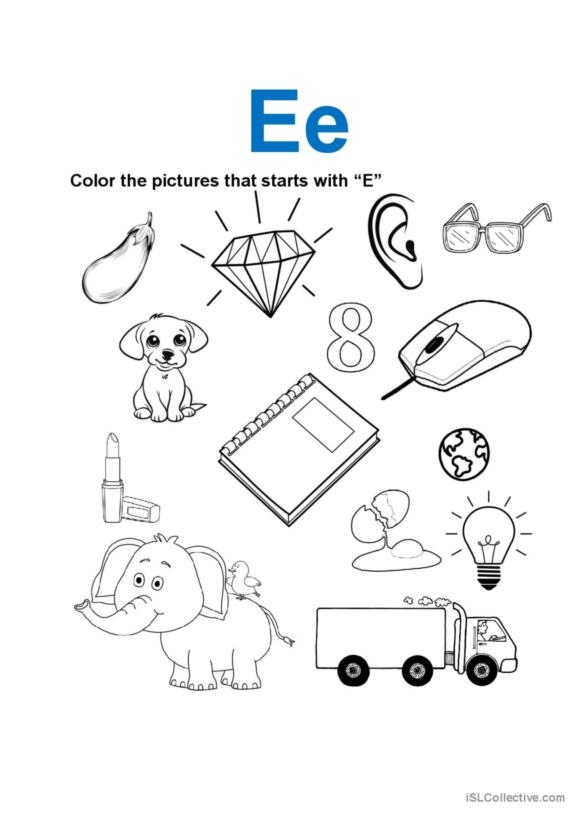 Pre-K worksheet page featuring a large letter E for children to practice coloring and writing