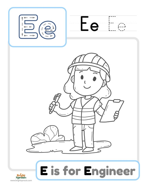 Preschool coloring worksheet featuring the letter E and objects starting with the letter E for early writing practice