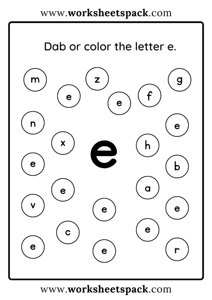 Preschool worksheet showing colorful pictures of objects that start with the letter E for students to identify and circle