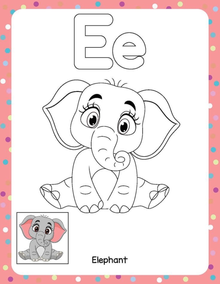 Preschooler coloring worksheet featuring letter E with pictures and words starting with E sound