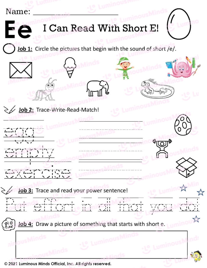 Preschool phonics worksheet featuring various pictures for students to identify items starting with the letter E