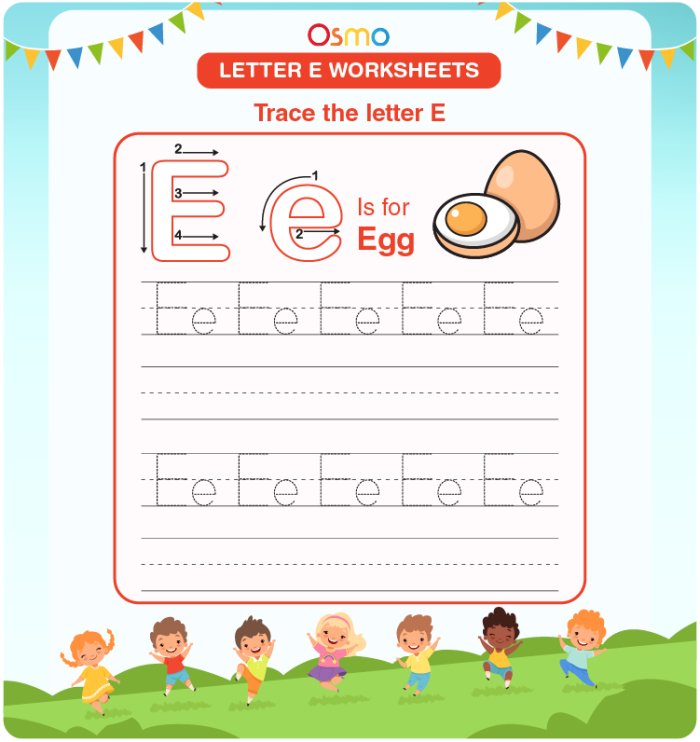 Preschool worksheet showing pictures of words beginning with the letter E for students to identify and circle