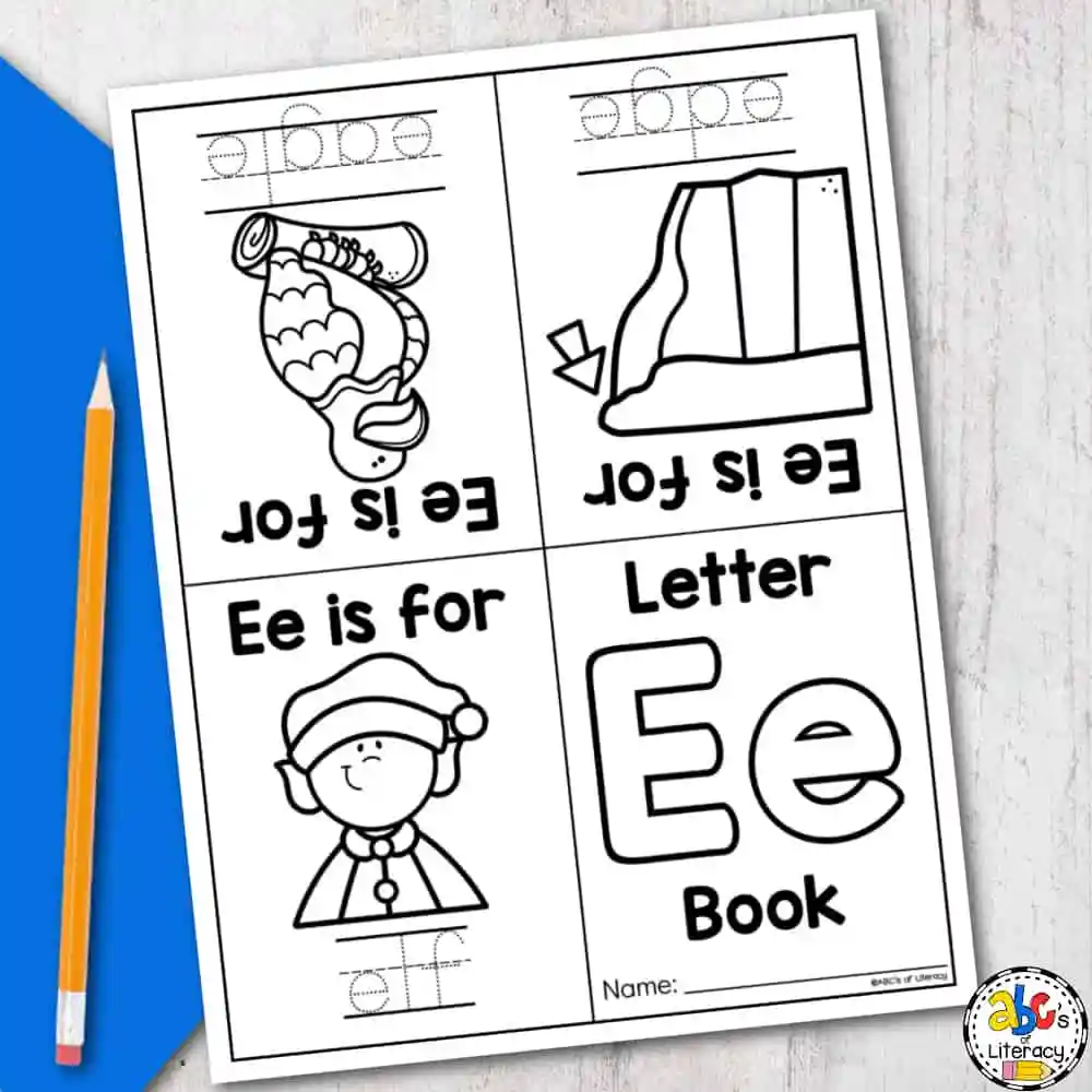 Preschool worksheet showing pictures of objects that begin with the letter E for early learners to identify and practice letter recognition