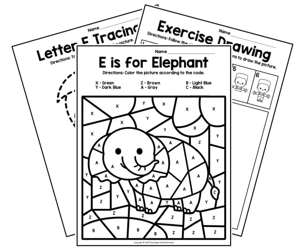 Preschool worksheet for finding words that begin with the letter E
