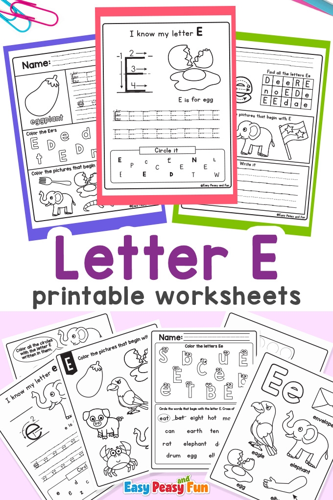 Preschool student identifying words that start with the letter E on a printable worksheet