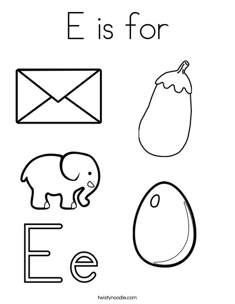 Coloring worksheet for preschoolers featuring the letter E and fun illustrations for early writing practice