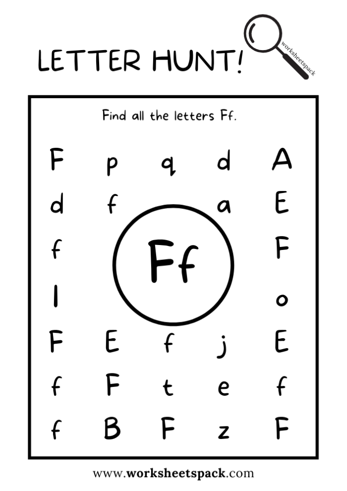 Fun activity sheet for finding letter F words in early education Worksheet featuring the letter F with words for preschool learning